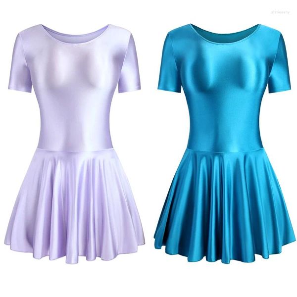 Roupa de banho feminina cetim vestido de seda sexy apertado esportes yoga maiô ballet saia manga curta guarda-chuva brilhante festa collant