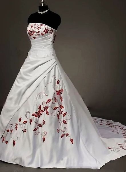 2024 Abiti da sposa in raso con linea A ricamati Abiti da sposa lunghi bianchi e rosso scuro Senza spalline Senza maniche Elegante Abito da ricevimento per la sposa Indietro Allacciato