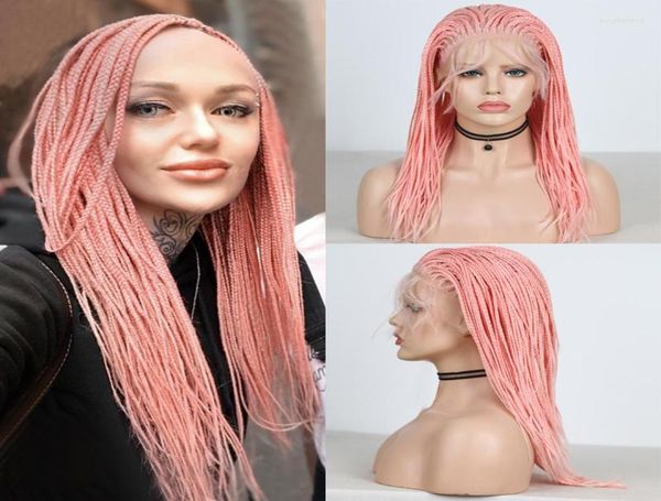 Perucas sintéticas carisma caixa curta tranças trançadas peruca rosa com cabelo do bebê frente de renda para mulheres cosplay resistente ao calor 9963190