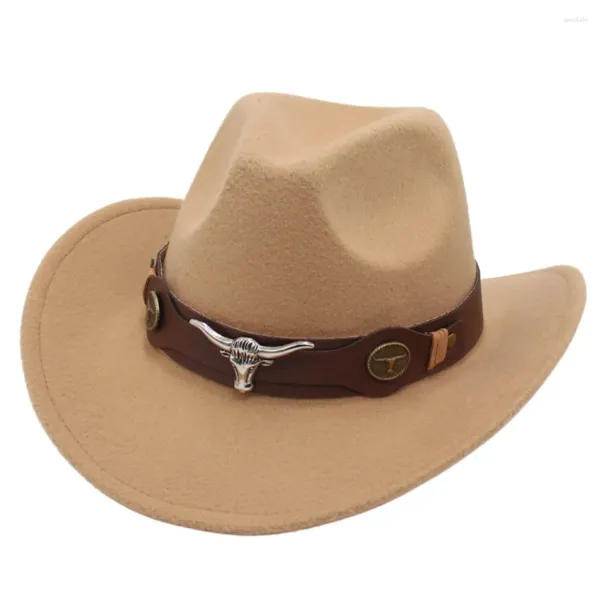 Berretti Cappello da cowboy occidentale in feltro con fascia di mucca Cappelli Fedora jazz in stile etnico Accessori morbidi per testa di bue Berretto da cowgirl con tesa arrotolata