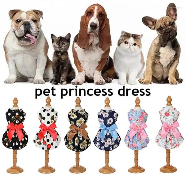 Дизайнер одежды для собак, одежда для домашних животных, платье с цветочным принтом в горошек, милая юбка-комбинация с бантом для щенка, круглая шея, платья для кошек без рукавов, принадлежности