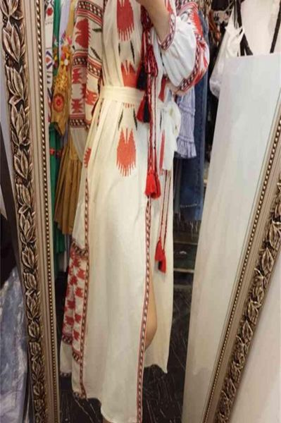 INSPIRED Ukraine Folk Damen Kleid mit Muster, Stickerei, Quasten, weiß, langärmlig, V-Ausschnitt, Vestidos, Leinen, Herbst-Maxikleid 2104127967471