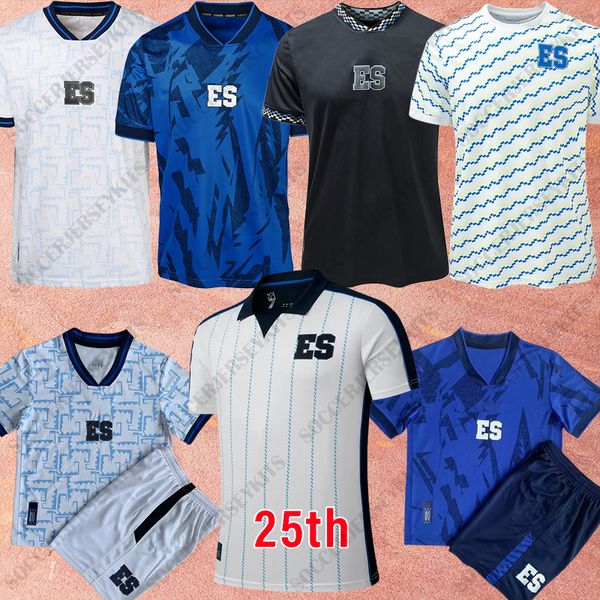 2024 El Salvador Gold Cup Soccer Jerseys 25º Home Azul Away Branco Camisa de Futebol da Seleção Nacional de Manga Curta Uniforme de Futebol Personalizado Kids Kit Kits de 25º Aniversário