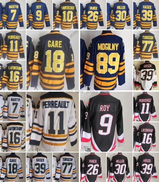 Movie College Vintage Ice Hockey Wears Jerseys Stitched 39DominicHasek 9DerekRoy 10Hawerchuk 11GilbertPerreault 16PatLaFontaine 188581365
