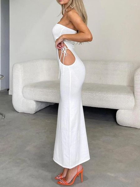 Lässige Kleider von schulter gerippter Strickkörperkleid vorne Cocktail trägerloser Twist ärmellose Knoten Party Tube Maxi