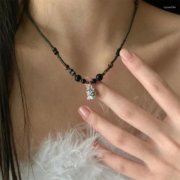 Ketten Vintage chinesischer Stil Löwe Anhänger Perlen Halskette für Frauen Männer Lucky Punk Kleidung Ungewöhnliche Steinperlen Halsband am Hals Perlen