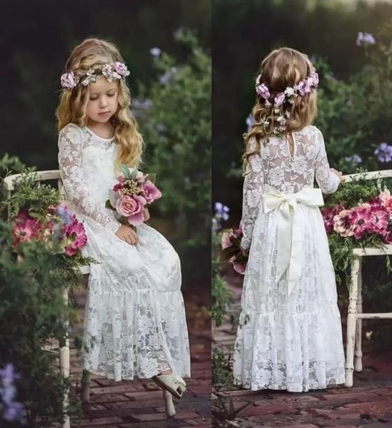 Manga comprida Boho Flor Meninas Vestidos Para Casamento Até O Chão Rendas Crianças Primeira Comunhão Vestido Vintage Barato Girls039 Pa7027219