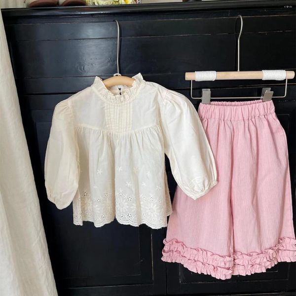 Комплекты одежды Deer Jonmi 2024, весенняя блузка с пышными рукавами и вышивкой для маленьких девочек, розовые широкие брюки, милые детские наряды из 2 предметов