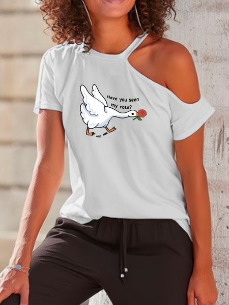 T-shirt da donna con spalle scoperte, elegante e carina con stampa di papere, perfetta per l'estate - T-shirt casual di nuova moda europea e americana