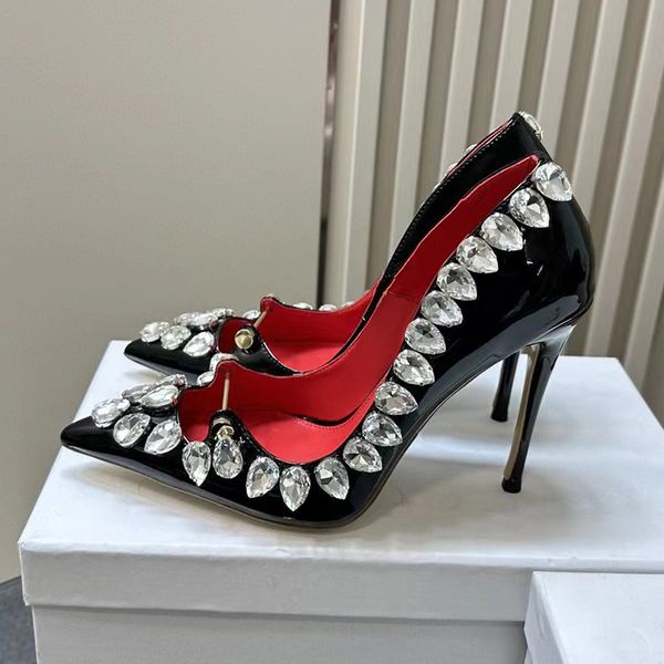 Scarpe eleganti firmate 11 cm Tacchi alti con strass a punta di lusso da donna Pelle verniciata Tacco a spillo Décolleté da sposa Festa di moda Scarpe da sera Verde Rosso argento Con scatola