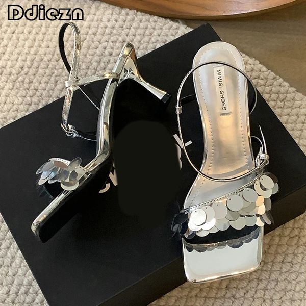 Frauen Pumpen Bling Gladiator Weibliche Schuhe Elegante High Heels Party Mode Damen Sandalen Karree Rutschen Schuhe 240219