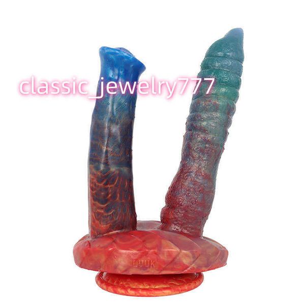 Colorido dragão de duas cabeças masculino e feminino masturbação brinquedos sexuais animal cavalo pendurado brinquedos sexuais ânus vaginal masturbação vara