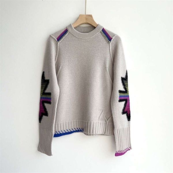 Женские вяжущие футболки ZV Семейный пуловер с круглым вырезом и длинными рукавами, свитер с перекрестным рисунком кленового листа, трикотаж, сверхпрочная вышивка, контрастный цвет, свитер из чистого кашемира