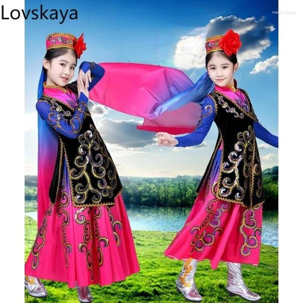 Abbigliamento da palcoscenico Costume da danza popolare cinese Abito Xinjiang Costumi per bambini Donne Uygur