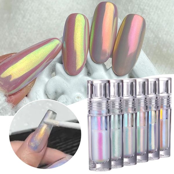 6 cores pequeno tubo líquido cromo pó aurora branco luar pigmento com escova brilhante esfregar profissional salão de beleza prego glitter conjunto 240301