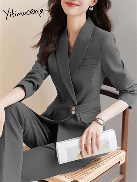 Yitimuceng Formale Hosen Anzüge Zwei Stück Set Frauen Herbst Mode Büro Damen Drehen Unten Kragen Blazer Solide 240219