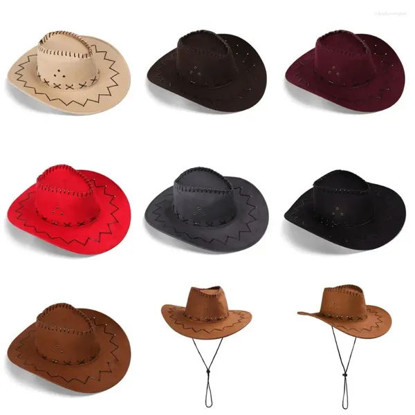 Berretti Donna Uomo Cappello da cowboy Cappelli da cowgirl in pelle scamosciata occidentale Moda West Fancy Dress Copricapo da festa Berretto unisex