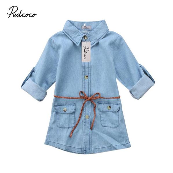 Nova marca infantil criança crianças menina denim vestido jeans bolso manga longa camiseta solta camisa mini vestido roupas de moda 27t y07269120032