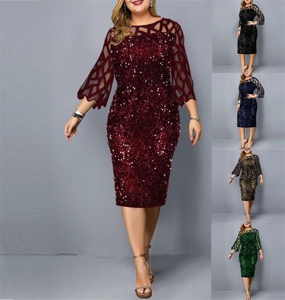 Plus size roupas para mulheres vestido midi mãe noiva noivo roupa elegante lantejoulas casamento cocktail festa verão 5xl 6xl 2203141486445