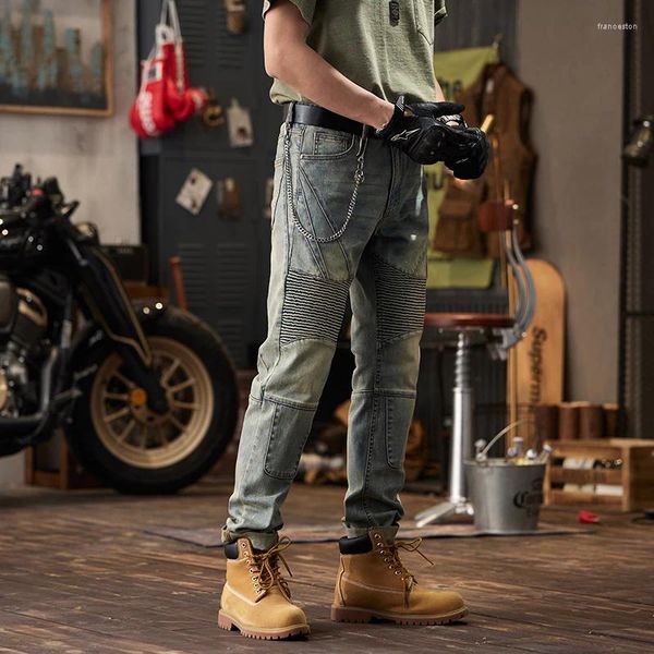 Jeans da uomo Blu Uomo Punk Design con cuciture pieghettate alla moda Pantaloni da motociclista slim fit resistenti all'usura retrò di fascia alta