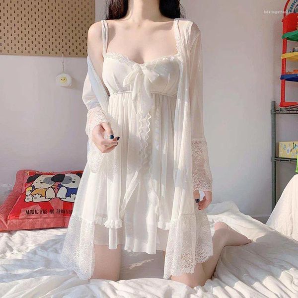 Kadınların Pijama Zarif Tatlı Basit Beyaz Kadınlar Çökeltleri Setleri Şık Dantel Yay Mesh Nefes Alabilir İnce Nightdress