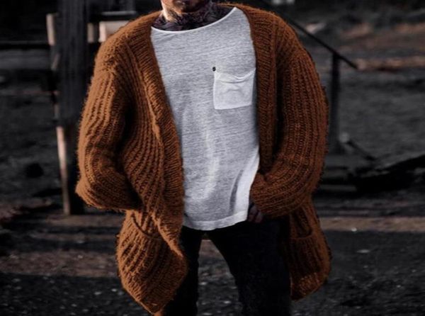 Tasche Uomo Autunno Inverno Cappotto maglione lavorato a maglia Cardigan lungo Giacca a punto aperto Tricot oversize a coste Uomo039s Maglioni6856650