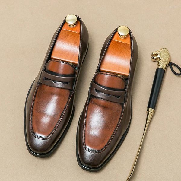 Sapatos de vestido deslizamento em homens luxuosos sapato de couro genuíno marca de casamento mocassins redondo cabeça formal moda preto vinho vermelho oxford