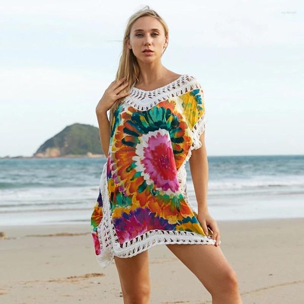 Roupa de banho feminina biquíni coverup vestido de praia 2024 verão sexy beachwear impressão a cores algodão crochê malha túnica cobrir ups para mulher