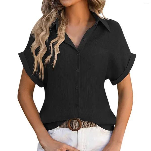 Kadın bluzları Kadın Katı Düğme Moda Gevşek Kısa Kollu Pileli Gömlek Plus Boyut Flanel Gömlek Kadın Renkler