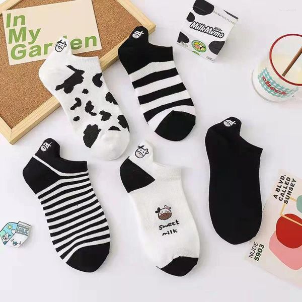 Damen Socken Boot Kawaii Kuh Spot Flacher Mund Stickerei Kurzer Absatz Knöchel Baumwolle Panda