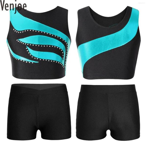 Bühnenkleidung Kinder Mädchen Ärmelloser Trainingsanzug Rundhalsausschnitt Glänzende Strasssteine Crop Top mit Shorts Gymnastikanzug Sport-Outfits Trainingsanzug