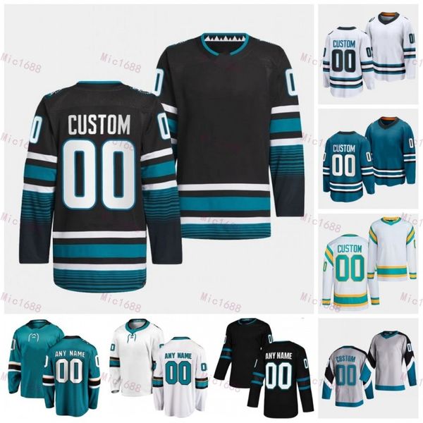 # 39 Logan Couture 2024-25 Camisa preta de hóquei # 48 Tomas Hertl Mackenzie Blackwood Jacob Macdonald Mikael Granlund Mike Hoffman Nico Sturm Patrick Marleau camisetas