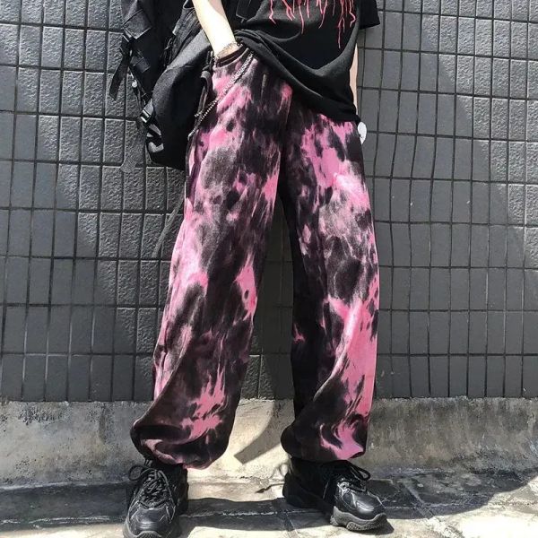 Calças rosa cintura elástica solta harem bordado tie dye contraste jogger pant feminino homem streetwear coreano harajuku punk hip hop