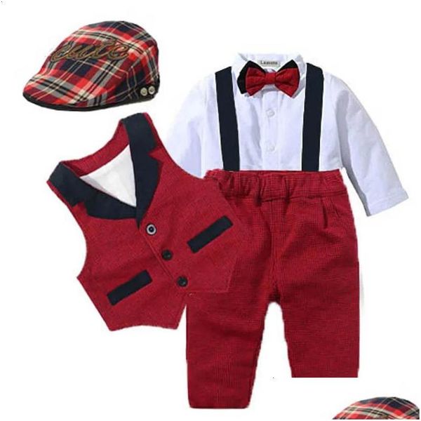 Babyanzüge Born Boy Kleidung Strampler Weste Hut Formelle Kleidung Outfit Party Fliege Kinder Kleinkind Geburtstagskleid 0 24 M 240127 Drop D Dhr31