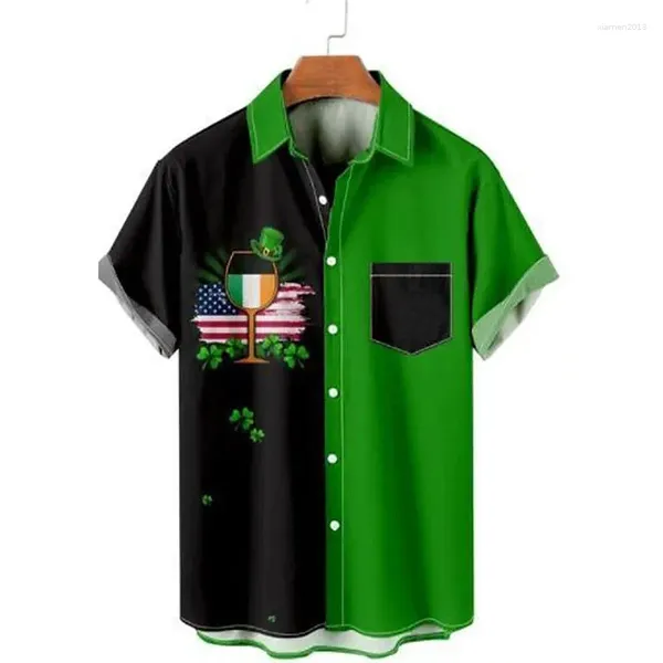 Freizeithemden für Herren, Hemd, Sommer, hawaiianisch, gestreift, St. Patrick's Day, Kleeblatt, Revers, Outdoor, Straße, Kurzarm, Knopfdruck