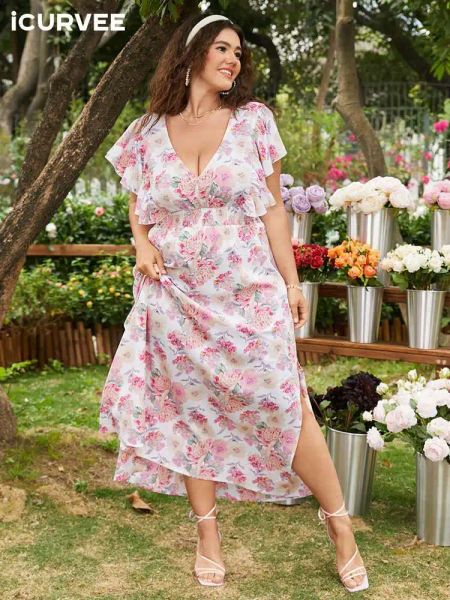 Vestidos Icurvee Bohemian Long Maxi Dress Plus Size Mulheres Verão Sexy Profundo Pescoço Manga Curta Floral Impresso Festa Praia Ruffled Vestido