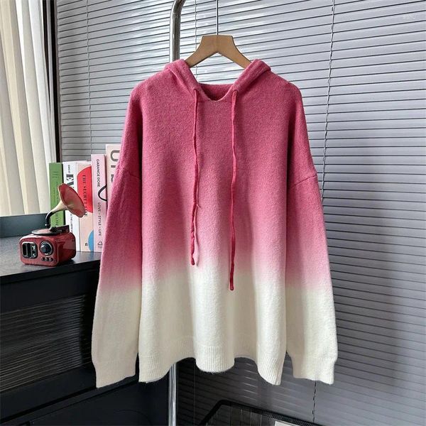 Frauen Strick Farbverlauf Design Mit Kapuze Pullover Für Frauen Herbst Lose Oversize Rot Farbe Jumper Pullover Volle Ärmel Lange Tops