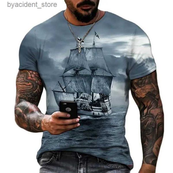Мужские футболки Винтажные мужские футболки с 3D-принтом «Пиратский корабль» с круглым вырезом и коротким рукавом для мужчин Футболка больших размеров Футболка Homme Camiseta L240304