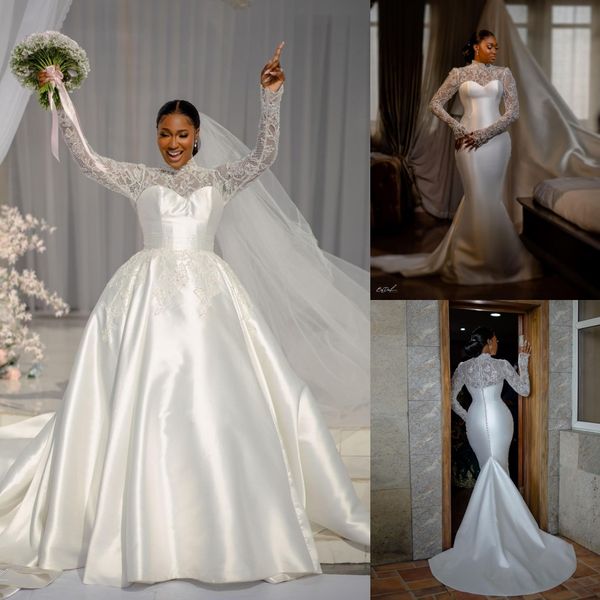 Designer sereia rendas vestidos de casamento frisado vestidos de noiva com trem destacável mangas compridas lantejoulas decote alto cetim vestido de novia