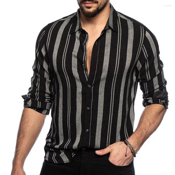 Camisas casuais masculinas listrado camisa de botão cor combinando cardigan com colarinho virado para baixo ajuste fino respirável longo para homem