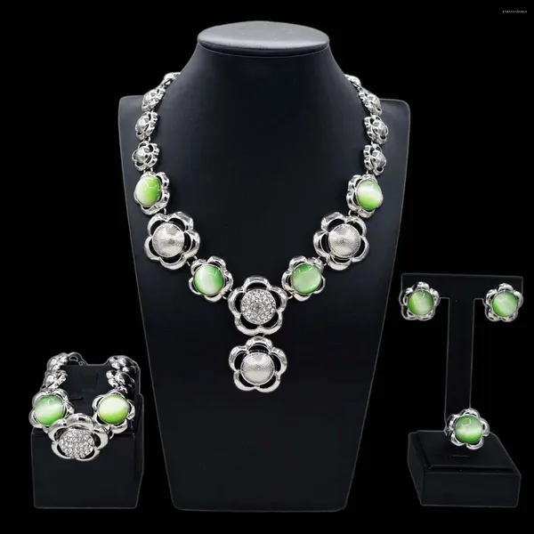 Halskette Ohrringe Set Silber Mehrfarbiger Stein Damen Schmuck Blumenform Armband Ring Zubehör Party