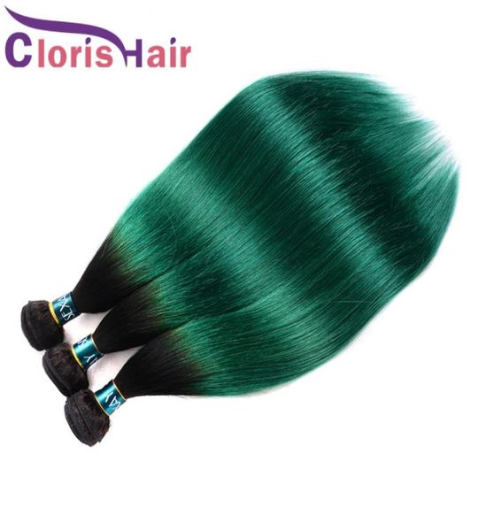 Fasci di trama diritta indiana vergine grezza Ombre verde precolorato Tessuto di capelli umani turchese bicolore 1B 3 pezzi Cucito squisito in Exten9599552