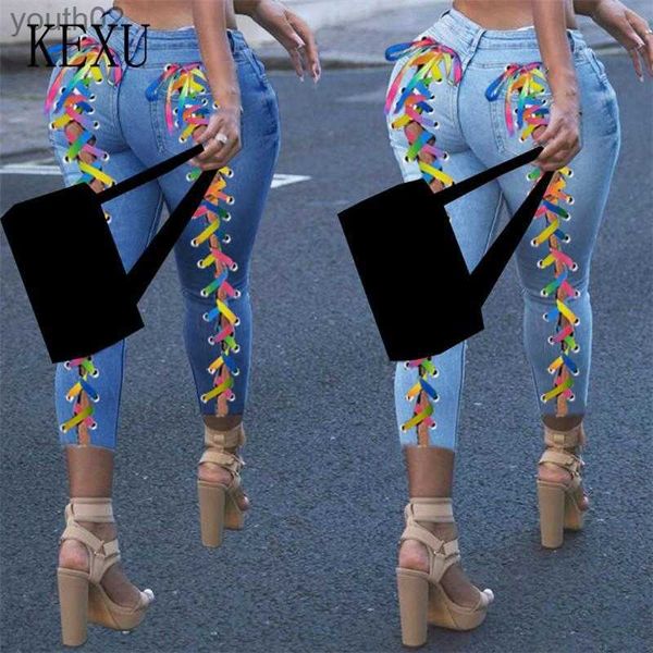 Jeans femininos mulheres jeans arco-íris cor criss-cross lace up buraco bainha elástica cintura alta calças lápis longas calças de rua mulheres 240304