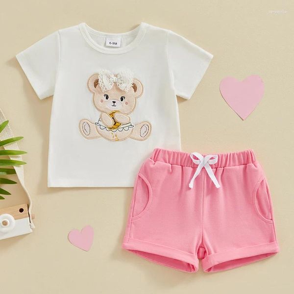 Conjuntos de roupas da criança menina verão outfit laço arco urso bordado tripulação pescoço manga curta camisetas topos e shorts 2 pçs conjunto de roupas