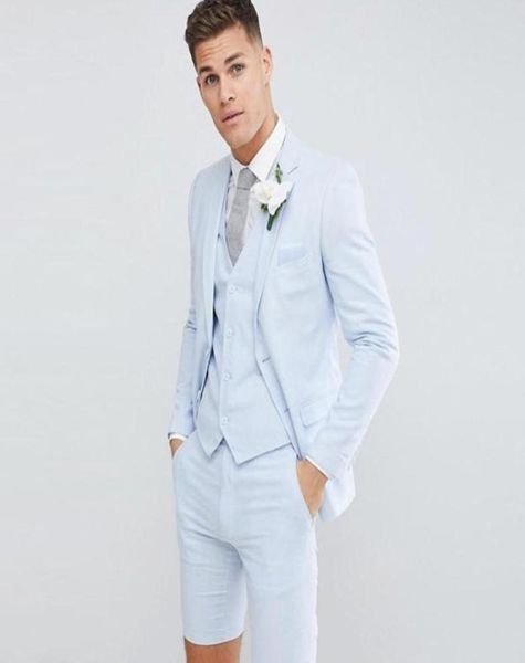 Azul claro 3 peças calças curtas noivo smoking masculino terno de casamento jaqueta calças colete 2 botões fino ajuste festa padrinhos homem terno 3314452