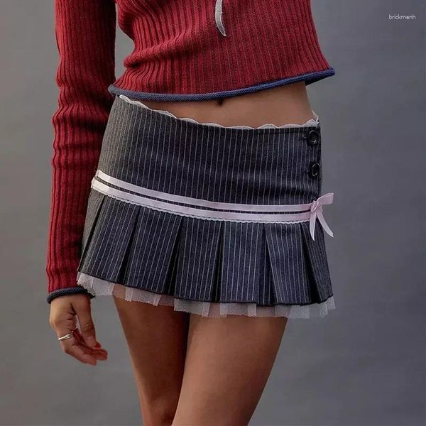 Röcke Y2K, niedrige Taille, A-Linie, mit Shorts, süßer gestreifter Falten-Minirock, Harajuku-Lolita-Stil, adrettes japanisches Outfit