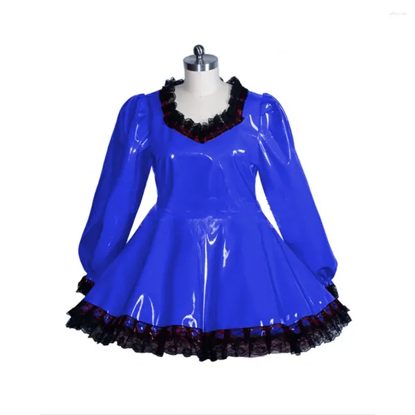 Lässige Kleider Sissy Lolita PVC Leder Sexy Kostüme Abschließbares Aline Maid Kleid Langarm Spitzenbesatz Streetwear Club Bodycon S-7XL