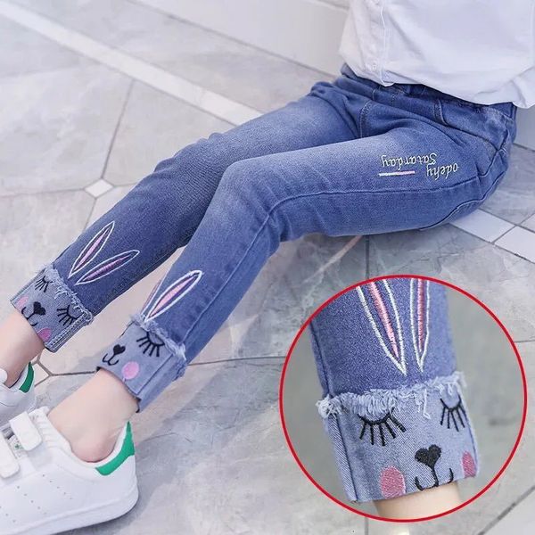 Mode Mädchen Cartoon Kaninchen Gestickte Jeans Kinder Hosen Koreanische SlimFit Denim Hosen 312 Jahre Alte Kinder Kleidung 240227