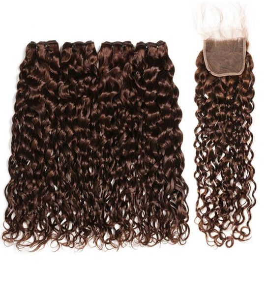 Chocolate Marrom Indiano Virgem Cabelo Humano Molhado e Ondulado 4 Pacotes com Fechamento de Renda 4 Cabelo Humano Castanho Escuro Tece com Fechamento Superior 9710611