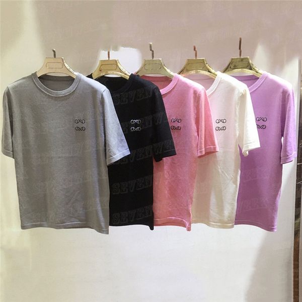 Stickerei Muster Stricken T Shirts Tops Für Frauen Mode Kurzarm Gestrickte Pullover Mädchen Dame Casual Strick T-shirts